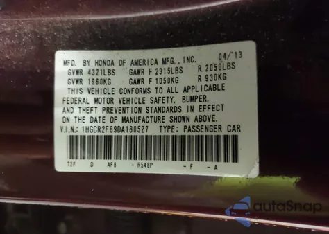 2013 Honda Accord Ex-L from USA, damaged, VIN 1HGCR2F89DA180527